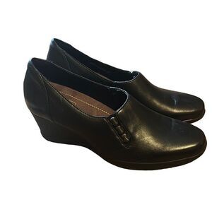 Black‎ Leather Wedge Heel Dress Shoes Comfort Slip On Loafers